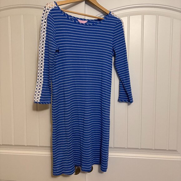 Lilly Pulitzer Marlowe Dress Large Beckon Blue Breeze Stripe NWT NEW Ribbed Lace - Picture 1 of 3